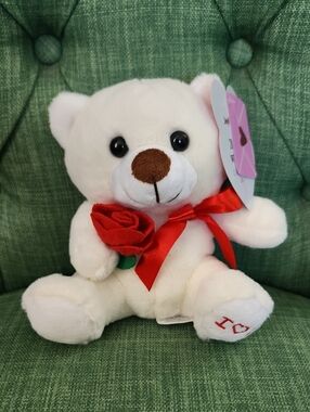White Plush Teddy Bear with Red Rose and Bow - Kids Toy